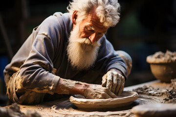 Elderly artisan shape clay.