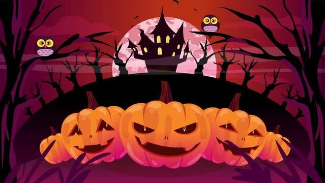 İt's Halloween night with evil pumpkins,  Bats and a haunted castle in  the background and a full moon. Halloween 2D Animation