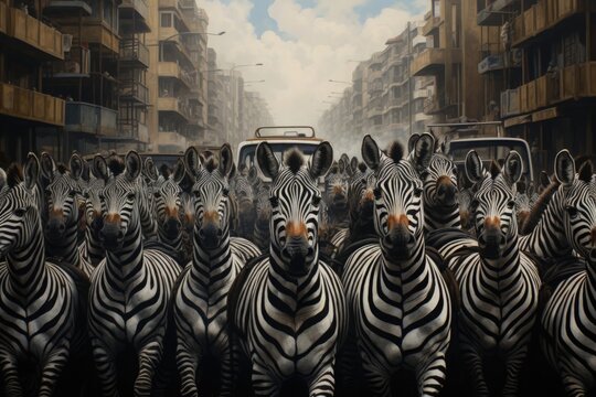 Title: Zebras on the Road Zebra Crossing depicting Road Safety Car Accident City Urban Traffic

