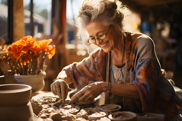  Elderly woman shape a clay vase in pottery studio. - obrazy, fototapety, plakaty
