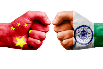 CHINA vs INDIA confrontation, religious conflict. Men's fists with painted flags of CHINA AND INDIA.