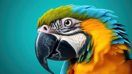 Fototapeta premium a close up of a parrot's face with a blue and yellow color scheme on it's face and a light green back ground behind the parrot's head.