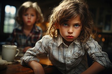 Grumpy Angry Kids and Siblings Concept of Difficult Child Parenting Problems Family Education Special Education Needs SEN Students Children Childhood Development Attention Seeking - obrazy, fototapety, plakaty