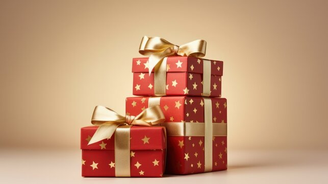  a stack of red and gold wrapped gift boxes with gold stars on them and a gold bow on the top of each of the boxes, with a light brown background.