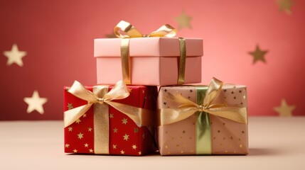 Fototapeta premium a stack of three wrapped presents sitting on top of a table next to a star shaped object with a gold ribbon on top of one of the present boxes and the other.