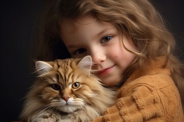 Little Girl Hugging a Cat Concept of Happy Childhood Memories with Pets Wallpaper Background Child Children
