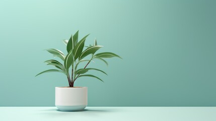  a potted plant sitting on top of a white table next to a teal green wall in a minimalist looking room with a light blue wall in the background.
