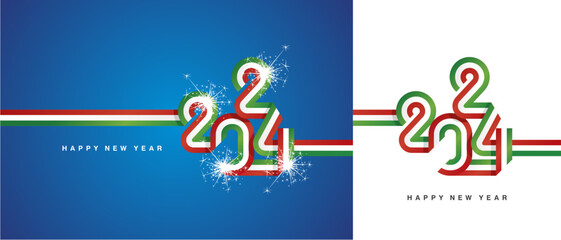 New Year 2024 continuous ribbon in the shape of 2024. Abstract green white red flag of Italy shape 2024 logo with sparkle firework isolated on white and blue background