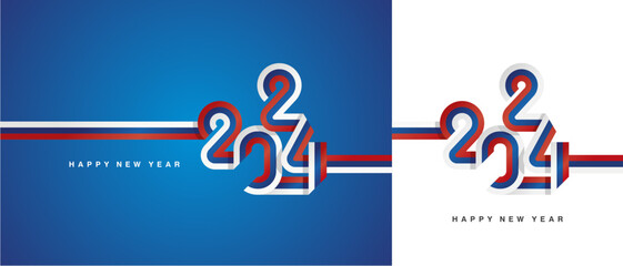 New Year 2024 continuous ribbon in the shape of 2024. Abstract white blue red flag of Slovakia shape 2024 logo with sparkle firework isolated on white and blue background