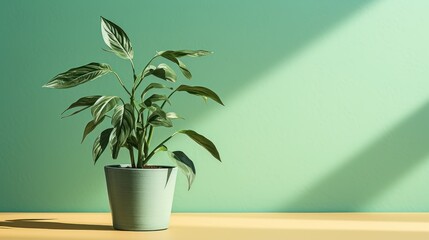  a potted plant sitting on a table in front of a green wall with a shadow of a plant on the side of the table and a green wall in the background.