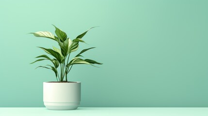  a potted plant sitting on top of a table next to a light green wall and a white vase with a green...