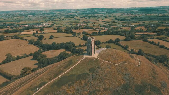 Aerial drone shot of Glastonbury Tor and countryside, Somerset UK
