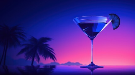  a martini glass sitting on top of a table with a slice of fruit on the rim of the glass in front of a purple and blue background of palm trees.