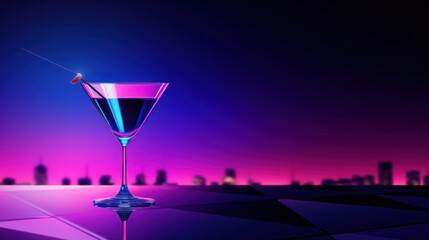  a martini glass sitting on top of a table in front of a purple and blue background with a cityscape in the backgroup of the picture.
