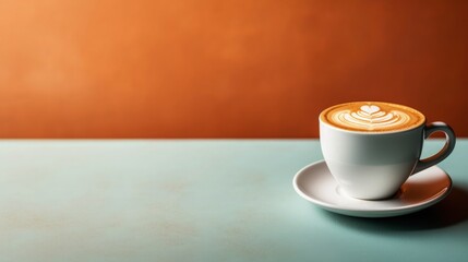 Obraz premium A Cup of Milk Coffee Latte Flat White on Colorful Background Brownish Orange Aqua Green Blue 