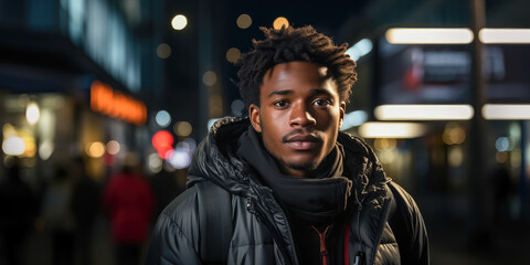 Fototapeta na wymiar Candid portrait of a young African American man on a street at night