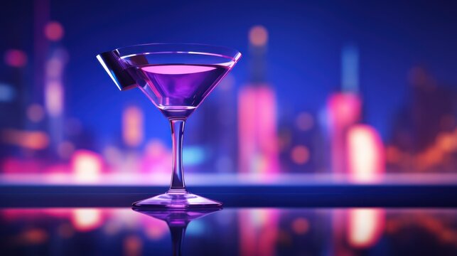  a purple martini sitting on top of a table in front of a cityscape with buildings in the backgrounnd of the picture and a purple glow.