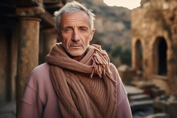 Portrait of a glad man in his 70s wearing a thermal fleece pullover against a backdrop of ancient ruins. AI Generation