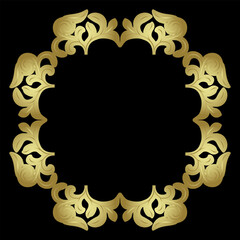 Round floral frame or botanical border with leaf branches. Golden glossy silhouette on black background.