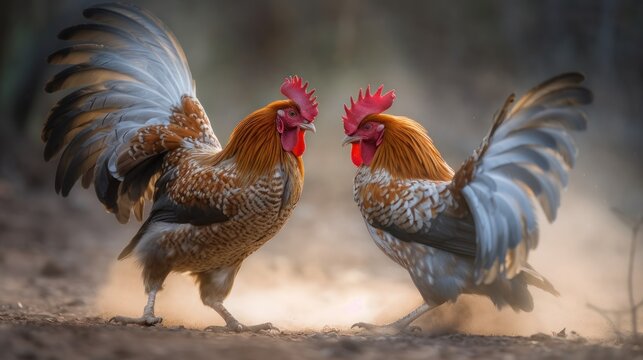 Two roosters fighting on a farm in the early morning. Farm Concept with Copy Space.