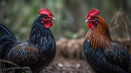 Two roosters fighting in the paddock, close-up. Farm Concept with Copy Space.