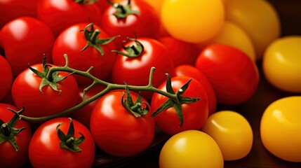  a close up of a bunch of red and yellow tomatoes and a yellow and orange tomato on the opposite...