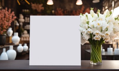 White label mockup for empty menu frame in store or beauty salon with plant flower. Stand booklet paper tent card sheets on the reception desk displays your product background, inserts customer text. - obrazy, fototapety, plakaty
