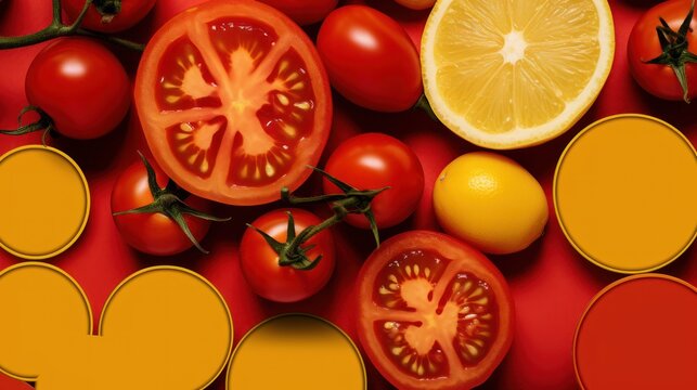  a group of tomatoes, oranges, and lemons on a red and yellow background with a mickey mouse cutout in the middle of the middle of the image.