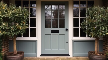  a blue front door with two potted trees on either side of it and a brick walkway leading to the front door of a house with two potted trees on either side.