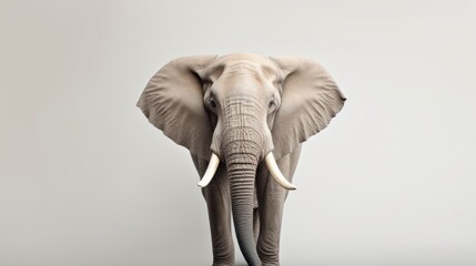  an elephant with tusks standing in front of a white wall and looking at the camera with its trunk in the air, with its trunk in the air.