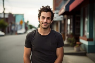 Portrait of a jovial man in his 30s sporting a vintage band t-shirt against a charming small town main street. AI Generation