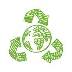 A recycling symbol, hand-drawn in a doodle style. The concept of saving the planet and energy.	
