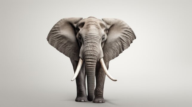  an elephant with tusks standing in front of a white background and looking at the camera with a serious look on its face, with its tusks tusks and tusks.