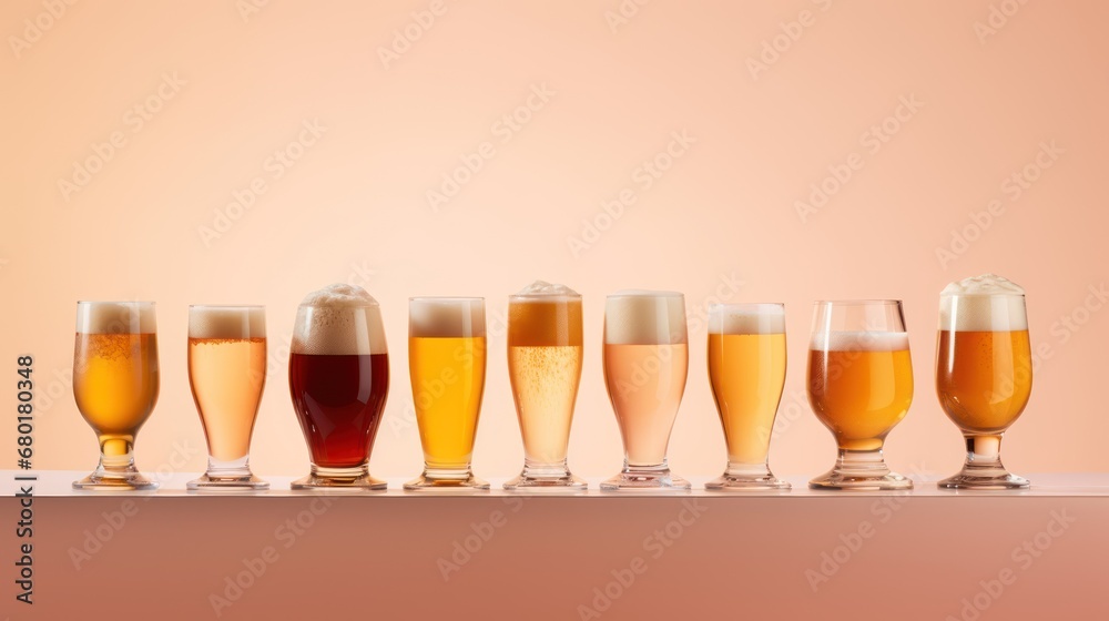 Wall mural  a row of glasses filled with different types of beer sitting next to each other on top of a wooden table in front of an orange background of a pink wall.