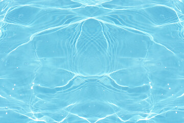 Defocus blurred transparent blue colored clear calm water surface texture with splashes reflection. Trendy abstract nature background. Water waves in sunlight with copy space. Blue watercolor shine.