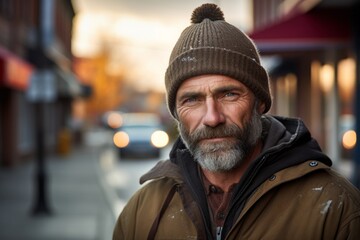 Obraz premium Portrait of a tender man in his 50s donning a warm wool beanie against a charming small town main street. AI Generation