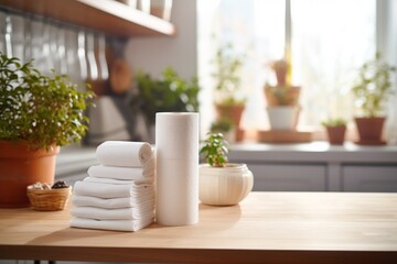 Rolled paper towels lie on the table in the kitchen against the background of the window - obrazy, fototapety, plakaty