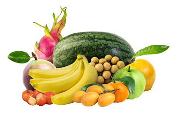 Pile set of various tropical fruits isolated on white background