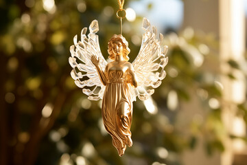 gold and crystal angel christmas ornament bauble decoration close up hanging in tree - obrazy, fototapety, plakaty