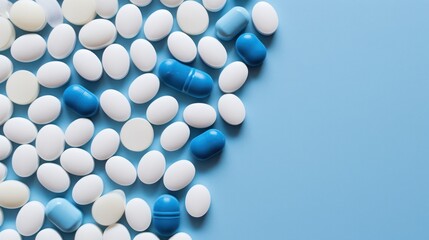  a pile of white and blue pills on top of a blue and white table with one blue pill in the middle of the pile and one blue and one white pill in the middle.