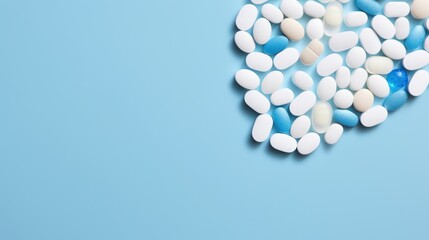  a pile of white and blue pills sitting on top of a blue table next to a red and white heart shaped bottle of pills on a blue background with space for text.