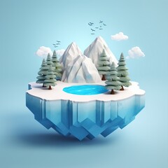 frozen mountain landscape isolated. piece of snowy land with blue background, 3d illustration. AI generated illustration