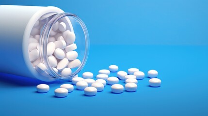  a glass jar filled with white pills sitting on top of a blue table next to a pile of white pills on top of a blue table next to a pile of white pills.