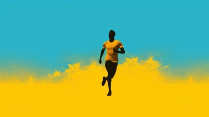 Fototapeta na wymiar a silhouette of a person running on a yellow and blue background with a blue sky in the background and a yellow and blue sky in the middle of the background.
