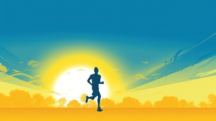 Fototapeta premium a silhouette of a man running across a field with the sun setting in the sky behind him and behind him is a field with trees and a yellow and blue sky.