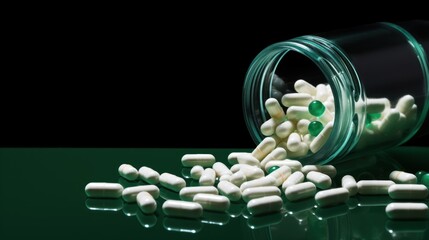  a glass jar filled with white pills on top of a green table next to a pile of white pills on top of a green table next to a black background.
