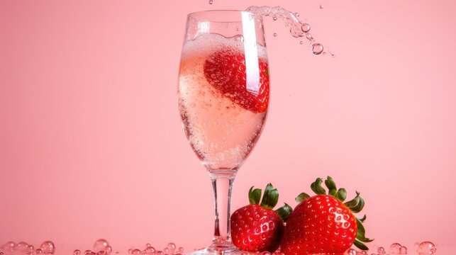  a close up of a glass of wine with strawberries in the foreground and a splash of water in the middle of the glass, on a pink background.