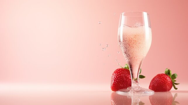  a glass of champagne and two strawberries on a reflective surface, with a pink background, with a splash of water on the glass and two strawberries in the foreground.