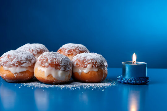 Hanukkah donuts with powdered sugar on a blue background. The concept and background of the Jewish holiday of Hanukkah. Copy space.