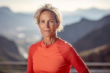 Fototapeta premium Portrait of a tender woman in her 50s wearing a moisture-wicking running shirt against a panoramic mountain vista. AI Generation
